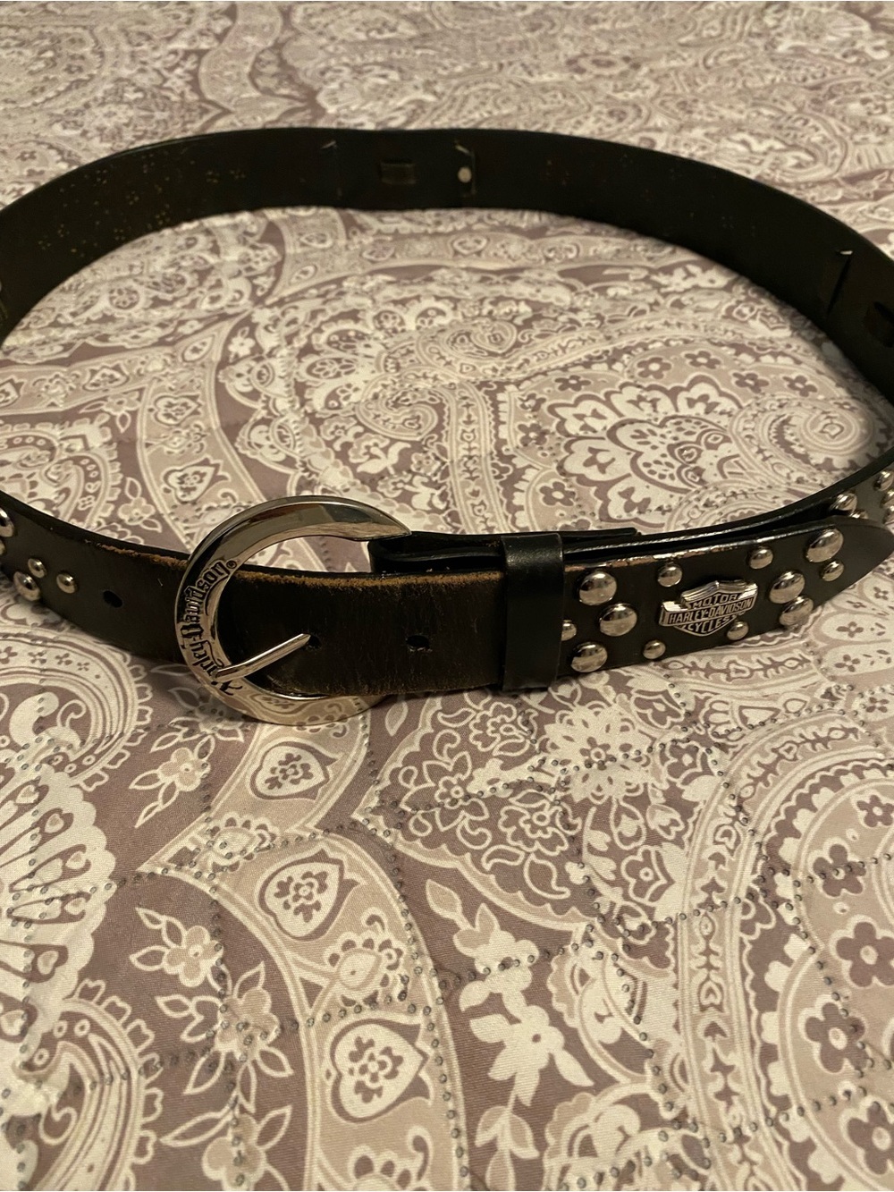 Harley-Davidson Black Leather Studded Belt with Branded Silver Buckle